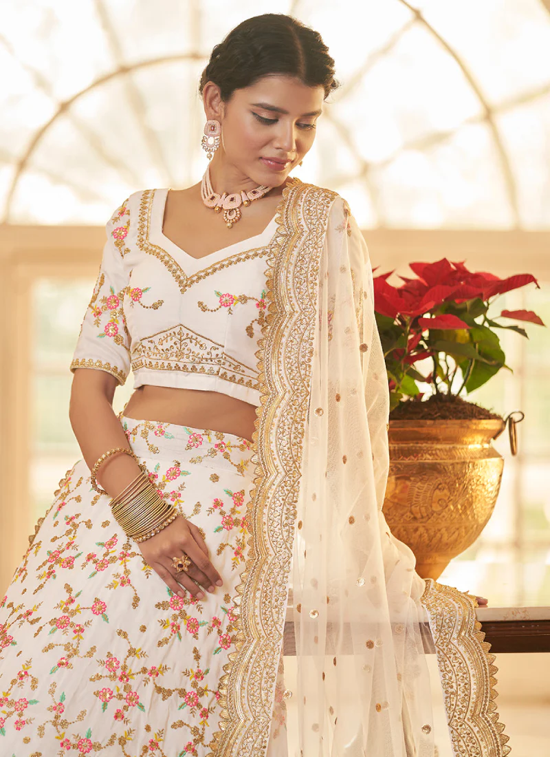 Unique Multi Thread Work Chinon Silk White Lehenga Choli - Image 4