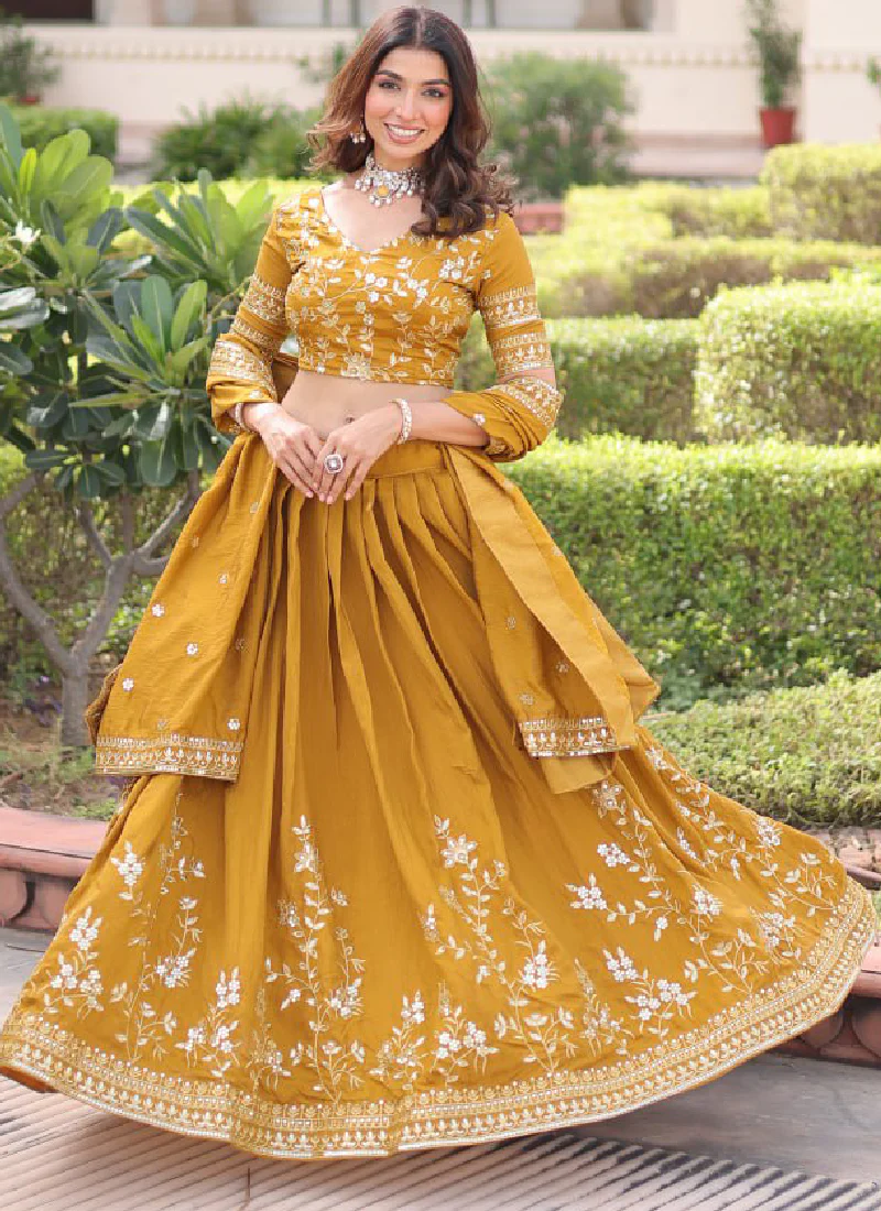 Vichitra Silk Haldi Special Yellow Sequence Embroidered Lehenga Choli