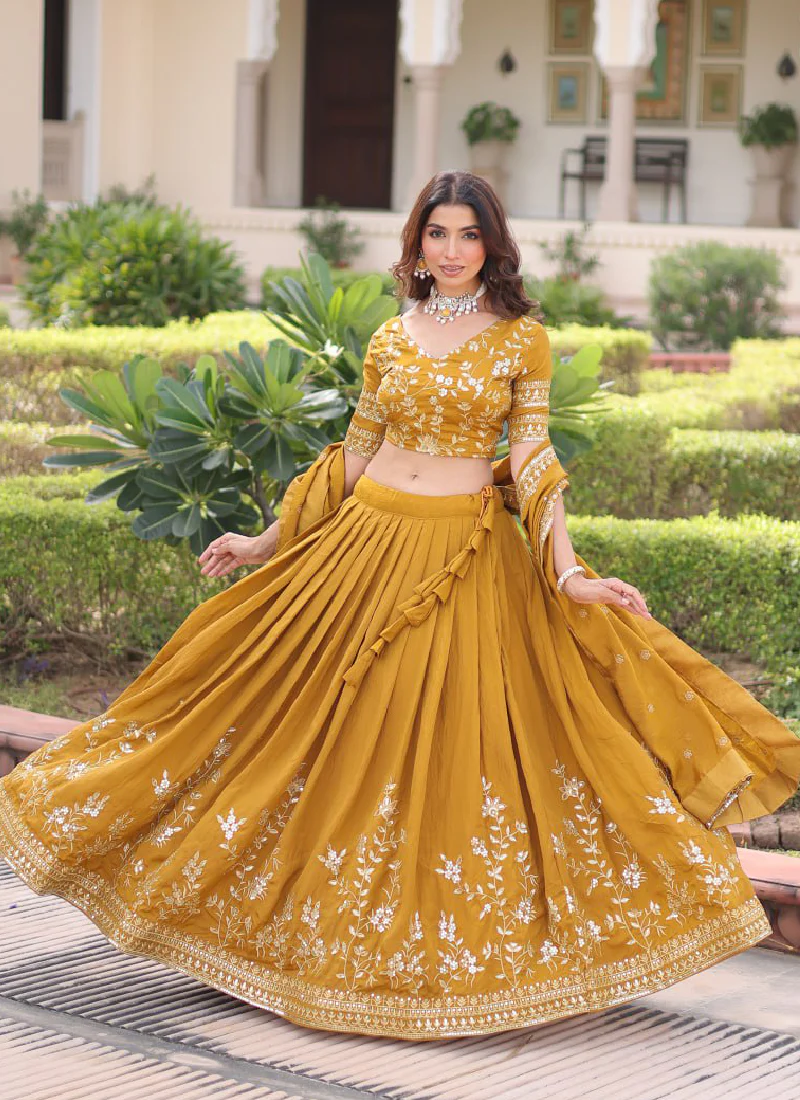 Vichitra Silk Haldi Special Yellow Sequence Embroidered Lehenga Choli - Image 3