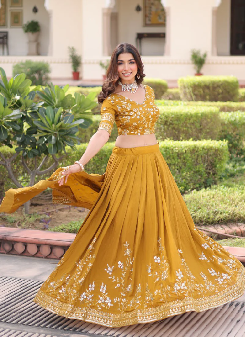 Vichitra Silk Haldi Special Yellow Sequence Embroidered Lehenga Choli - Image 4