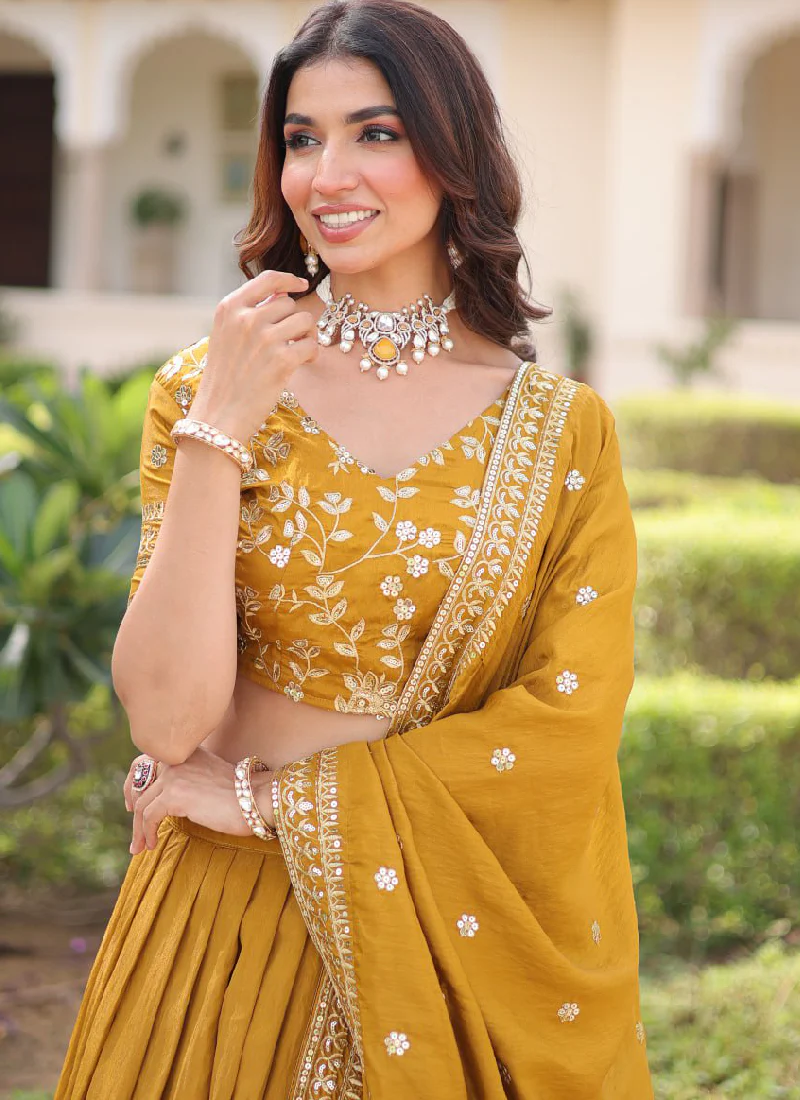 Vichitra Silk Haldi Special Yellow Sequence Embroidered Lehenga Choli - Image 5