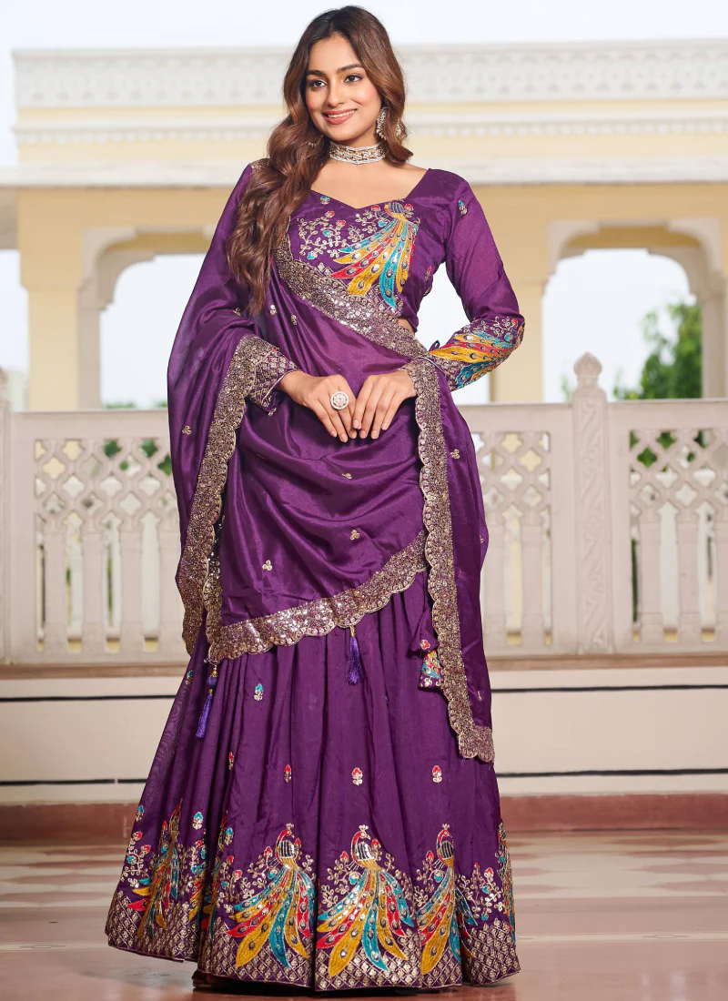 Vichitra Silk Sequence Embroidered Purple Lehenga Choli For Women
