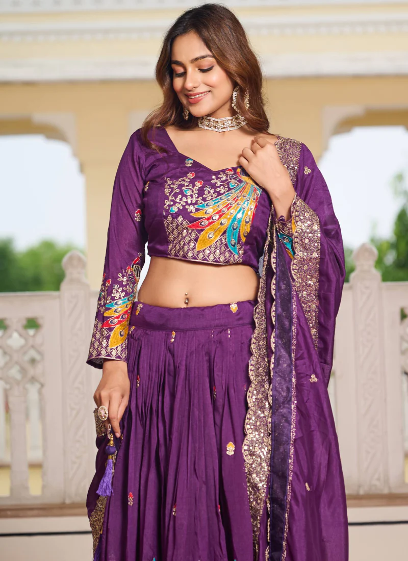 Vichitra Silk Sequence Embroidered Purple Lehenga Choli For Women - Image 2