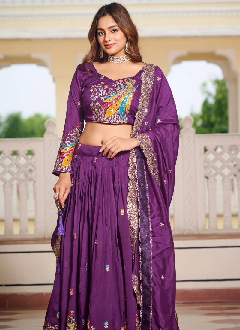 Vichitra Silk Sequence Embroidered Purple Lehenga Choli For Women - Image 3