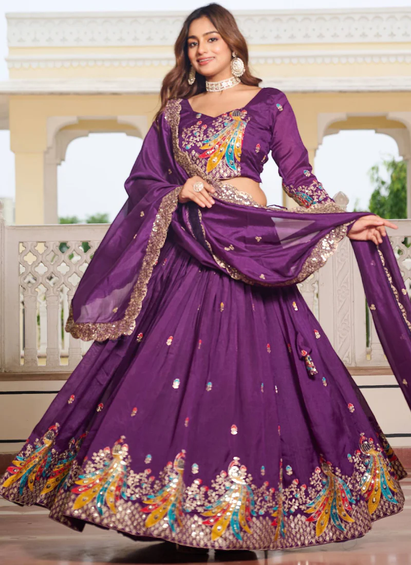 Vichitra Silk Sequence Embroidered Purple Lehenga Choli For Women - Image 4