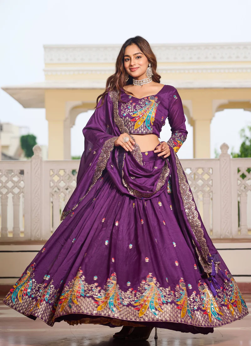 Vichitra Silk Sequence Embroidered Purple Lehenga Choli For Women - Image 5