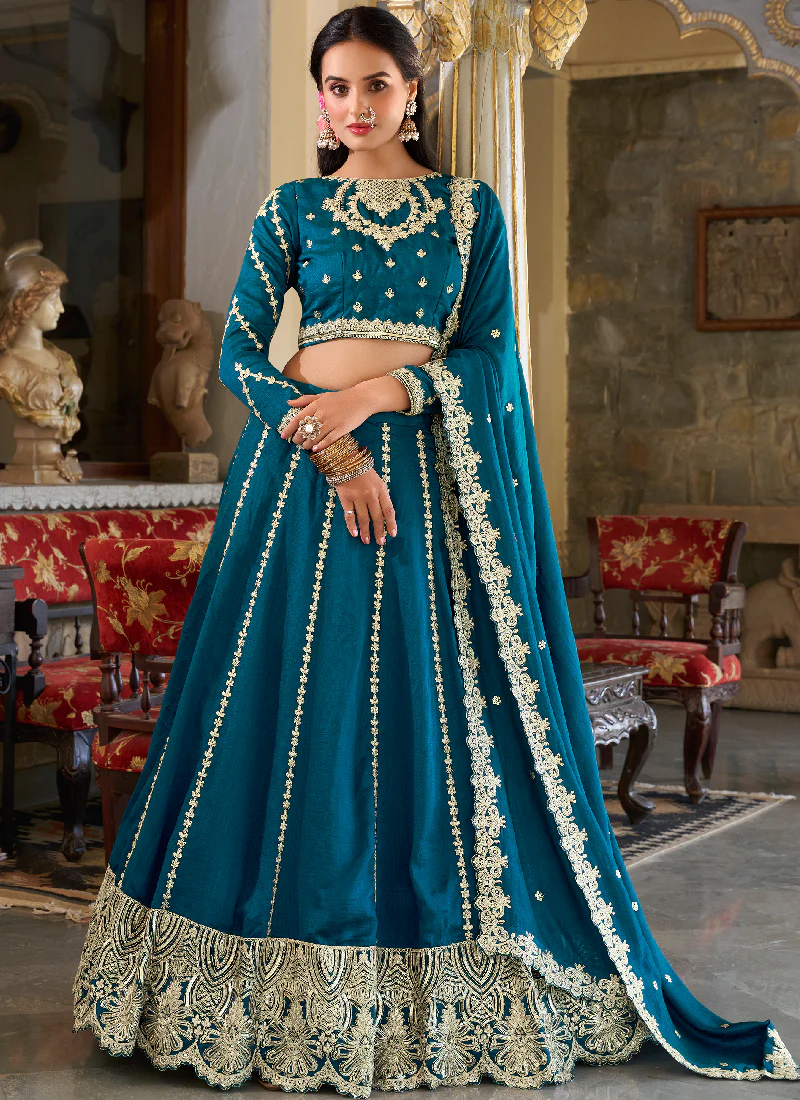 Vichitra Silk Sequence Embroidery Teal Blue Wedding Wear Lehenga Choli