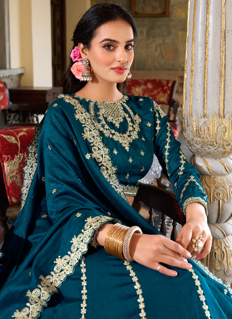 Vichitra Silk Sequence Embroidery Teal Blue Wedding Wear Lehenga Choli - Image 2