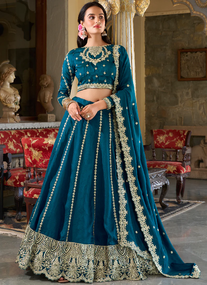 Vichitra Silk Sequence Embroidery Teal Blue Wedding Wear Lehenga Choli - Image 3
