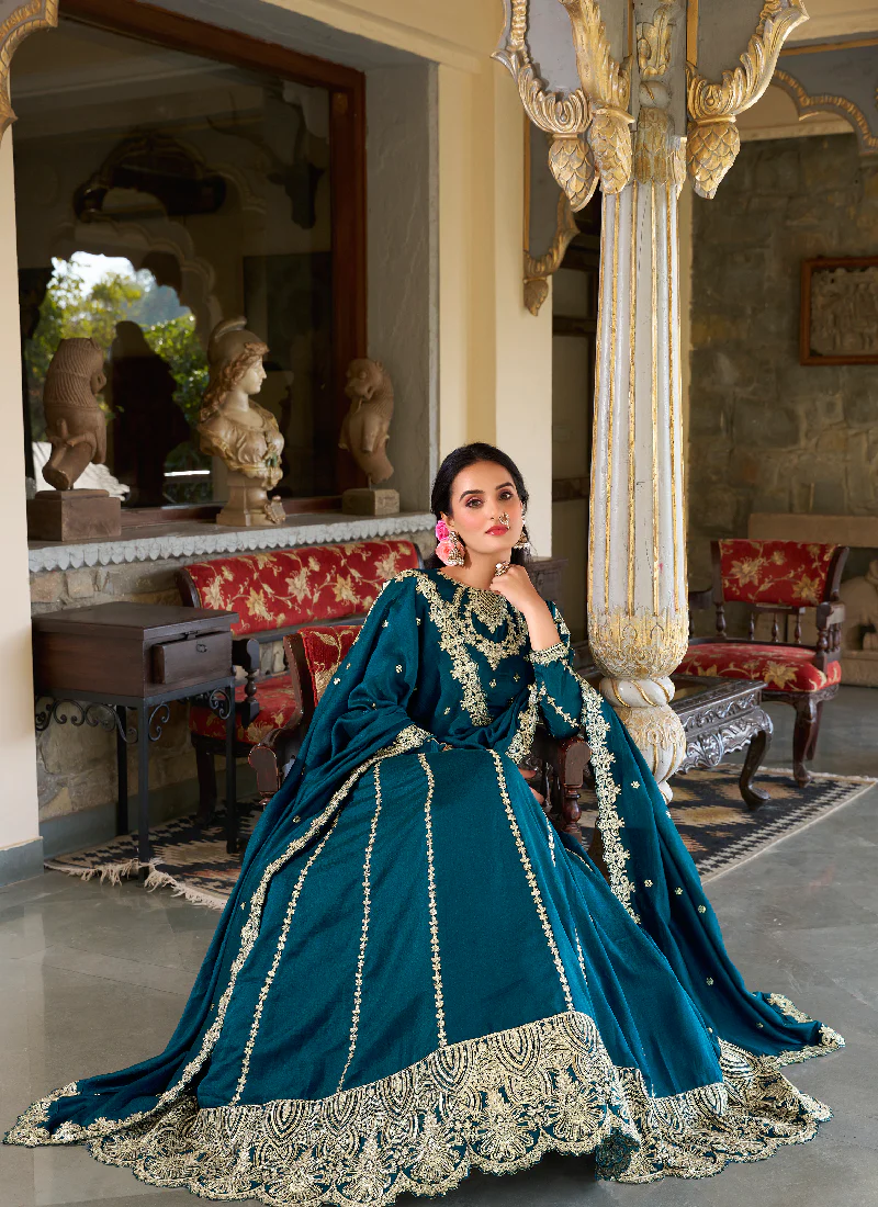 Vichitra Silk Sequence Embroidery Teal Blue Wedding Wear Lehenga Choli - Image 4
