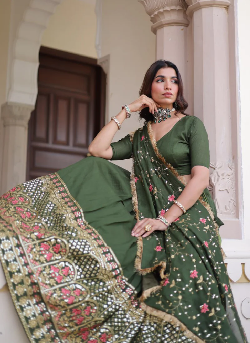 Vichitra Silk Sequence Work Green Lehenga Choli For Mehendi Function - Image 3