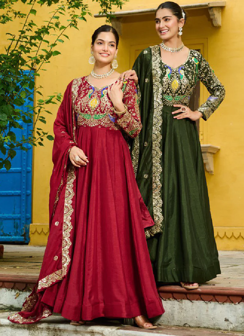 Vichitra Silk Thread Embroidered Mehendi Special Green Anarkali Gown - Image 10
