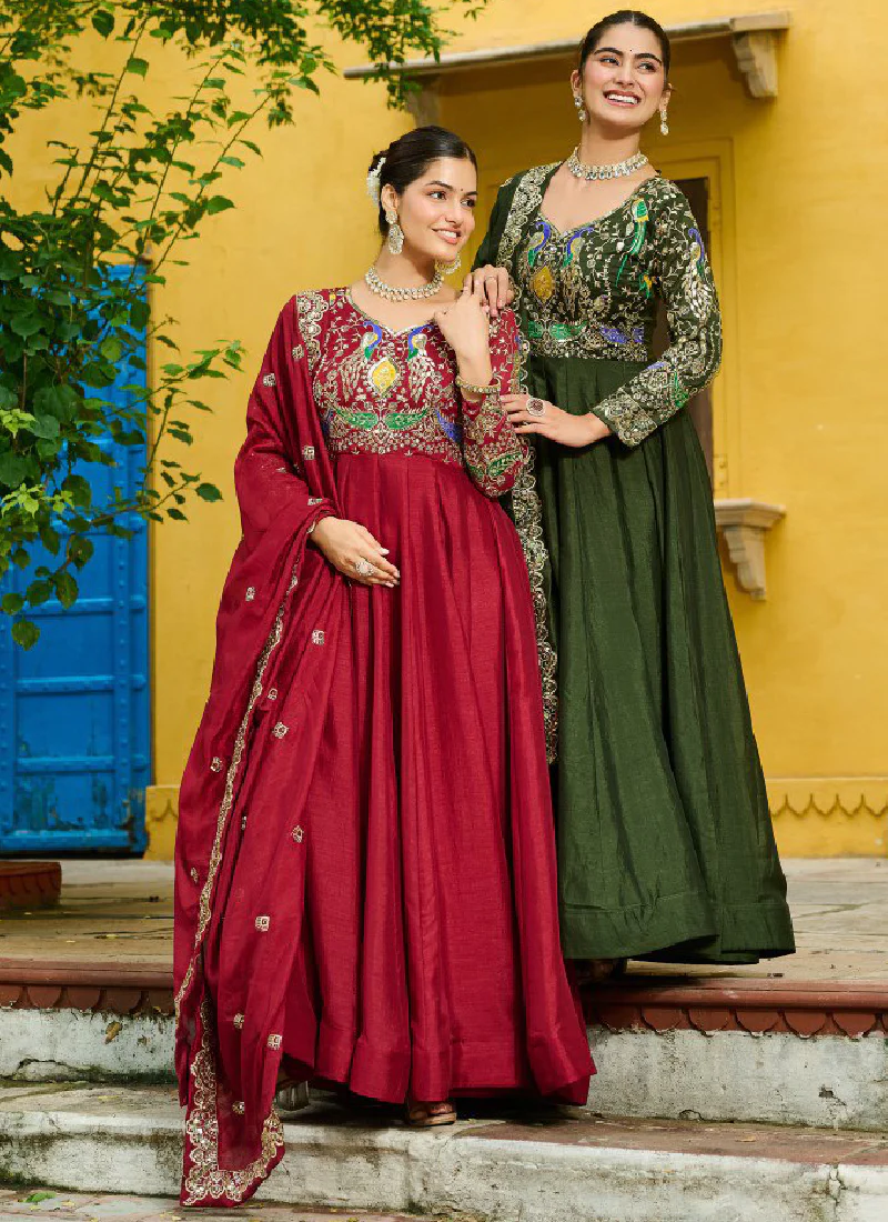 Vichitra Silk Thread Embroidered Mehendi Special Green Anarkali Gown - Image 11