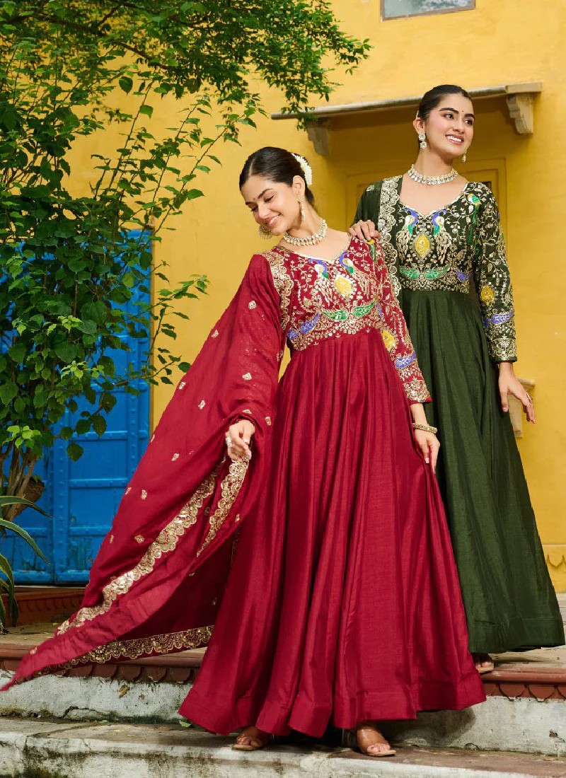 Vichitra Silk Thread Embroidered Mehendi Special Green Anarkali Gown - Image 12
