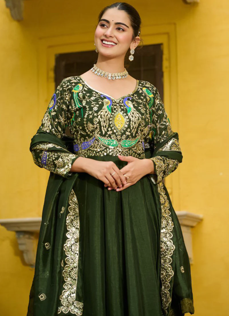 Vichitra Silk Thread Embroidered Mehendi Special Green Anarkali Gown - Image 3