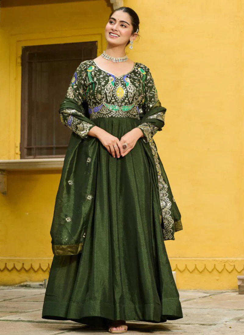 Vichitra Silk Thread Embroidered Mehendi Special Green Anarkali Gown - Image 4