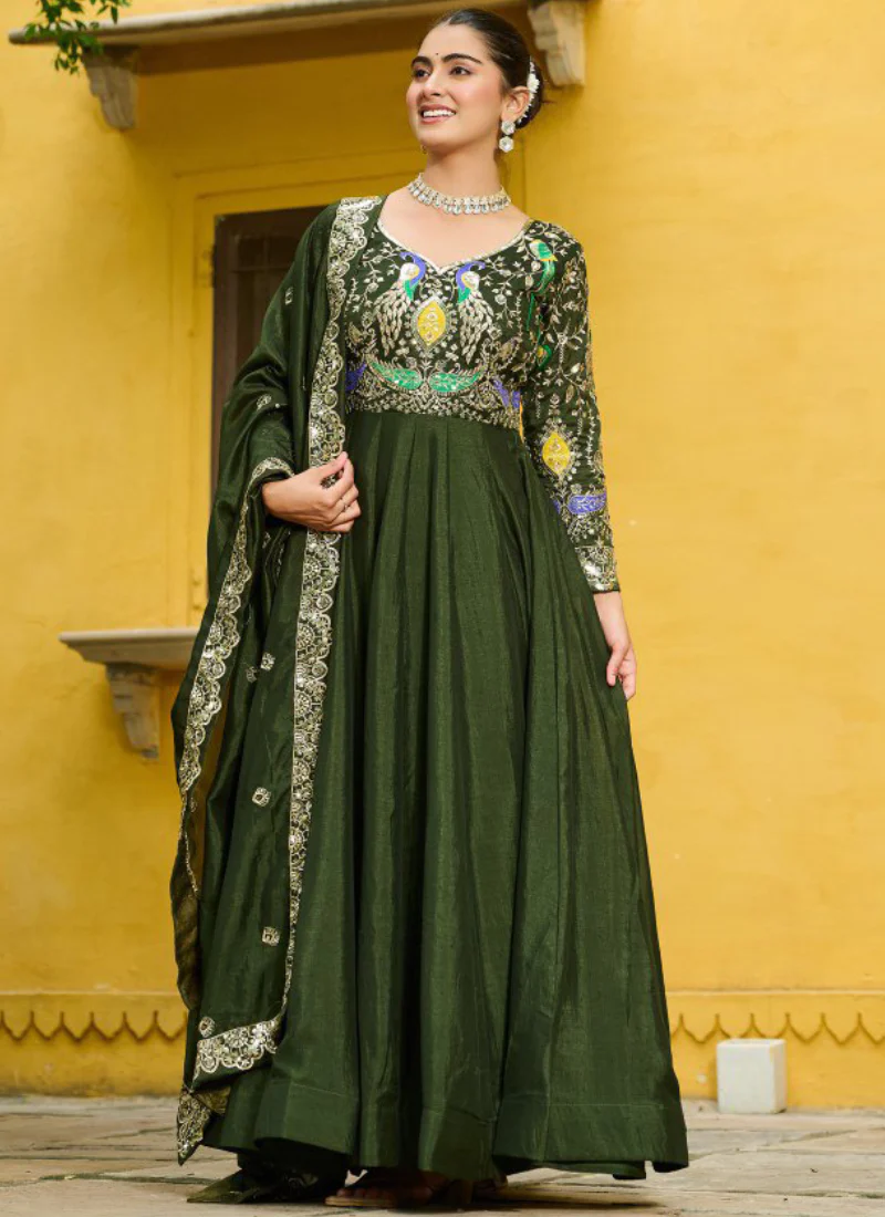 Vichitra Silk Thread Embroidered Mehendi Special Green Anarkali Gown - Image 5