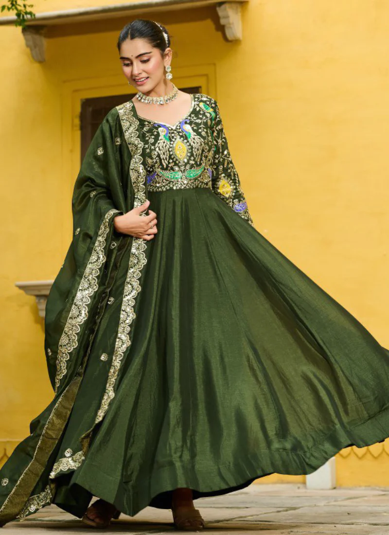 Vichitra Silk Thread Embroidered Mehendi Special Green Anarkali Gown - Image 6