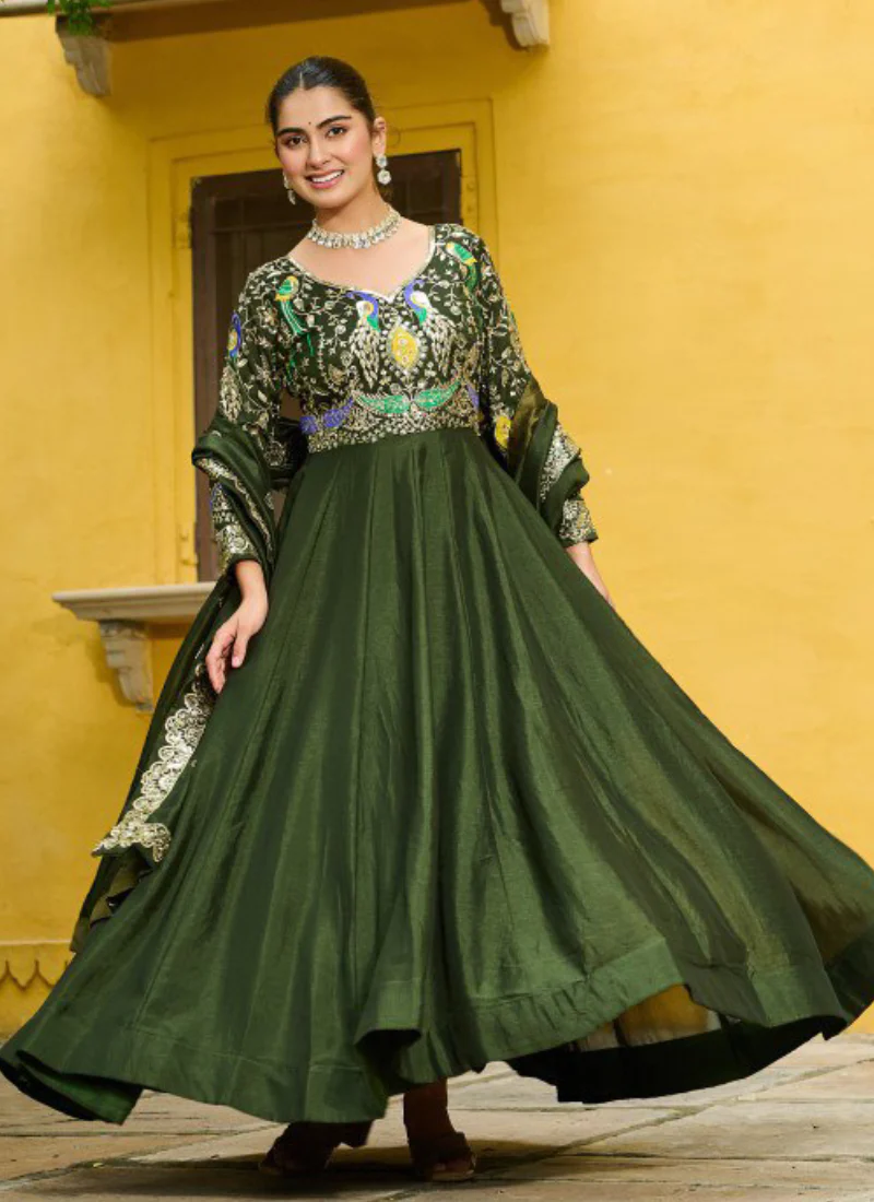 Vichitra Silk Thread Embroidered Mehendi Special Green Anarkali Gown - Image 7