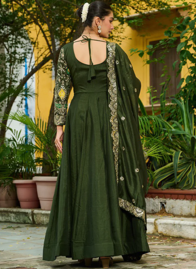 Vichitra Silk Thread Embroidered Mehendi Special Green Anarkali Gown - Image 8