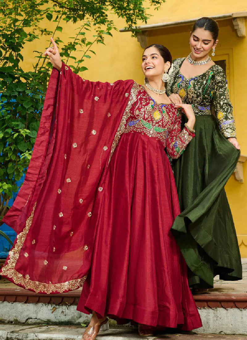 Vichitra Silk Thread Embroidered Mehendi Special Green Anarkali Gown - Image 9