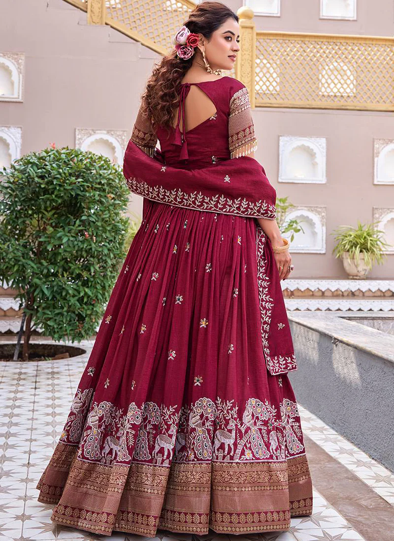 Vichitra Silk Thread Peacock Embroidered Maroon Lehenga Choli Set - Image 2