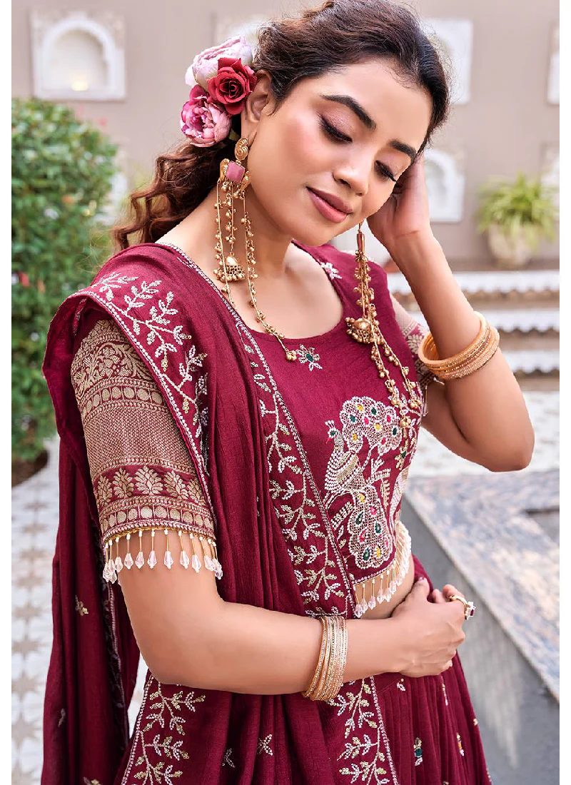 Vichitra Silk Thread Peacock Embroidered Maroon Lehenga Choli Set - Image 3