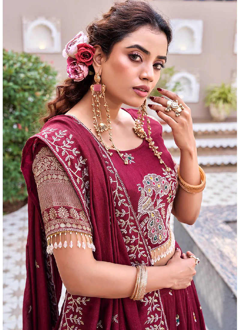 Vichitra Silk Thread Peacock Embroidered Maroon Lehenga Choli Set - Image 4
