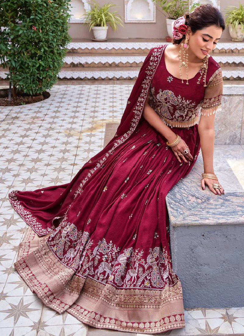 Vichitra Silk Thread Peacock Embroidered Maroon Lehenga Choli Set - Image 5