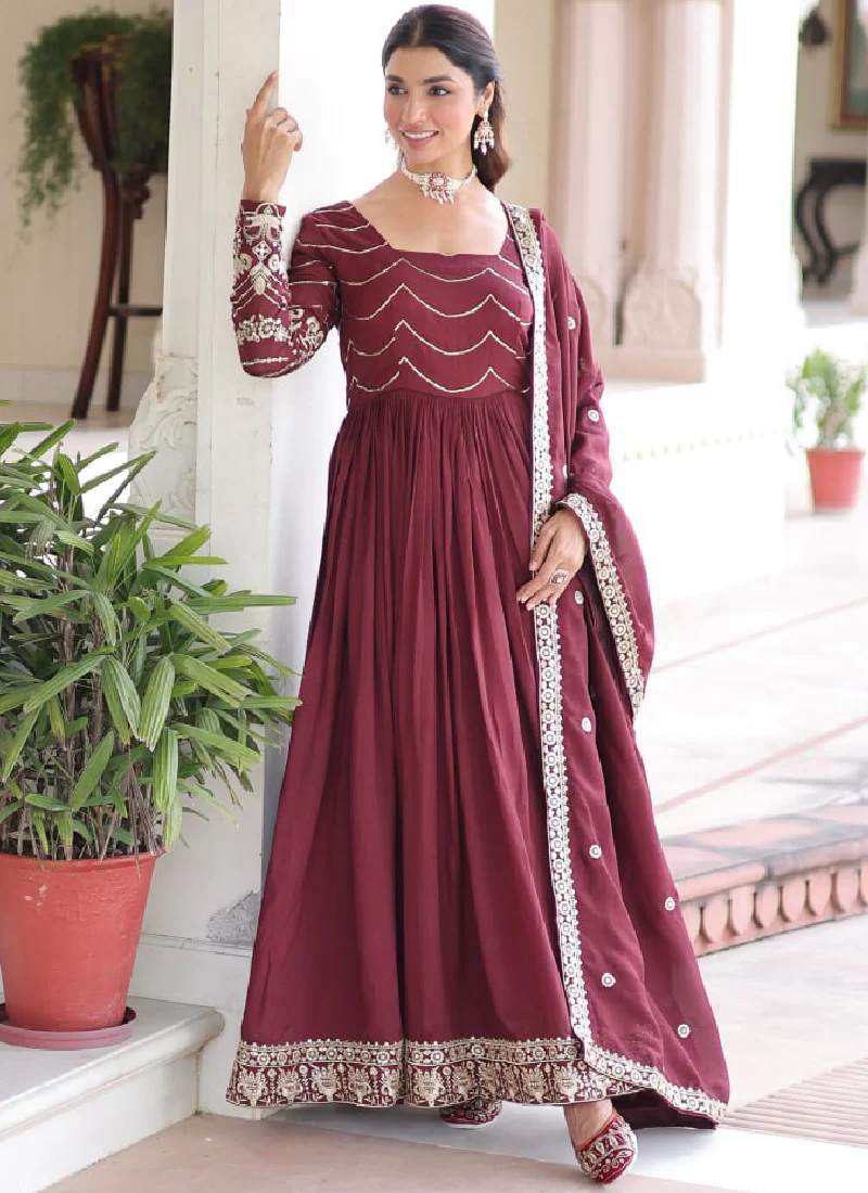 Vichitra Silk Zari Work Readymade Maroon Wedding Wear Gown With Dupatta - Image 10