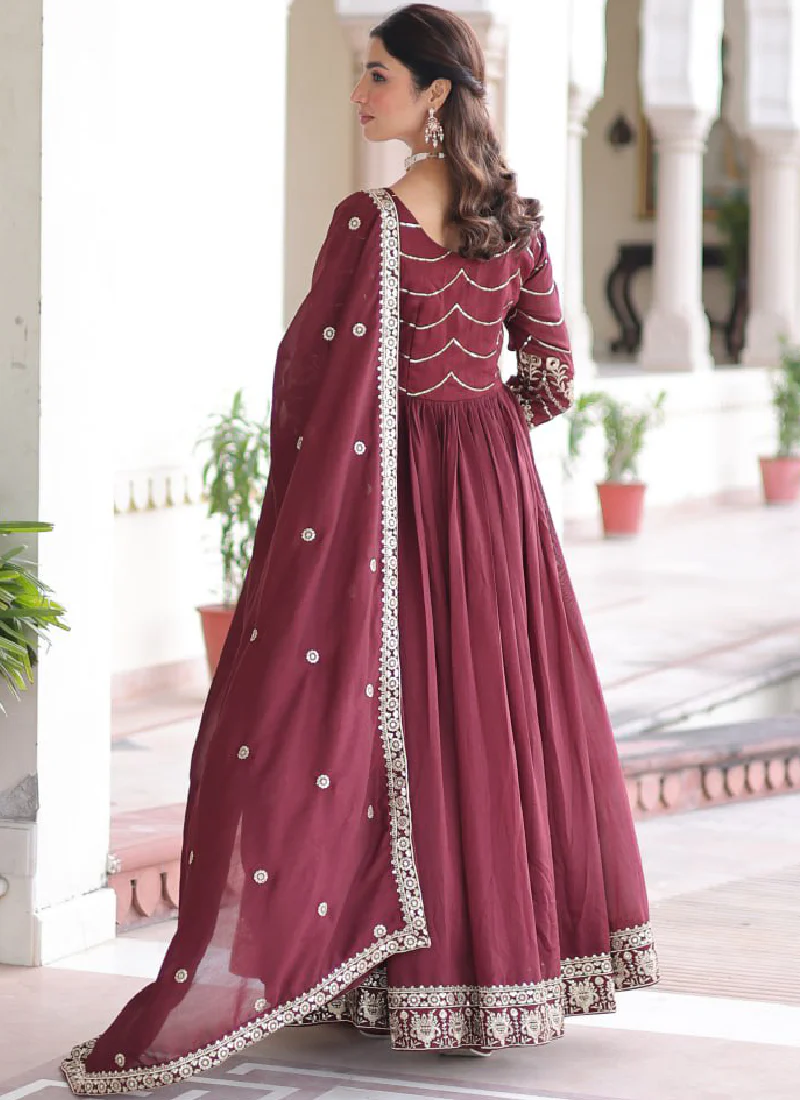Vichitra Silk Zari Work Readymade Maroon Wedding Wear Gown With Dupatta - Image 11