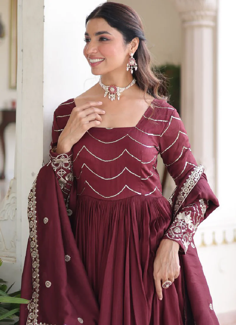 Vichitra Silk Zari Work Readymade Maroon Wedding Wear Gown With Dupatta - Image 3
