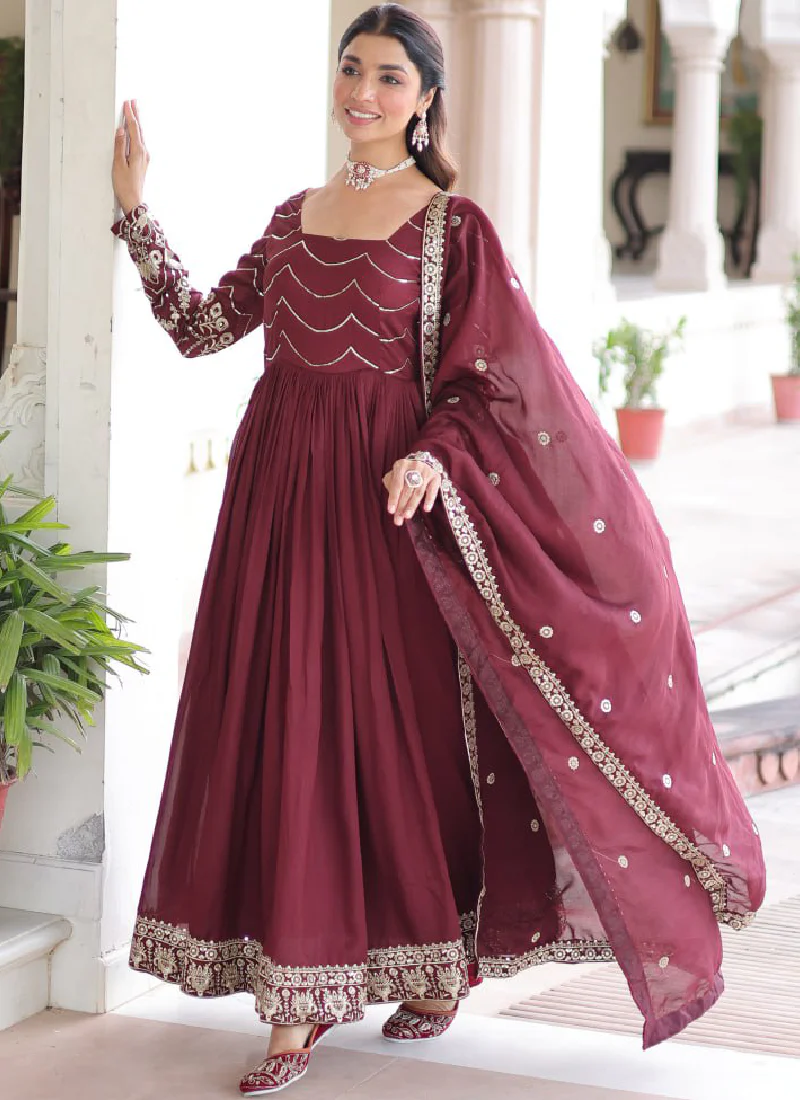 Vichitra Silk Zari Work Readymade Maroon Wedding Wear Gown With Dupatta - Image 5