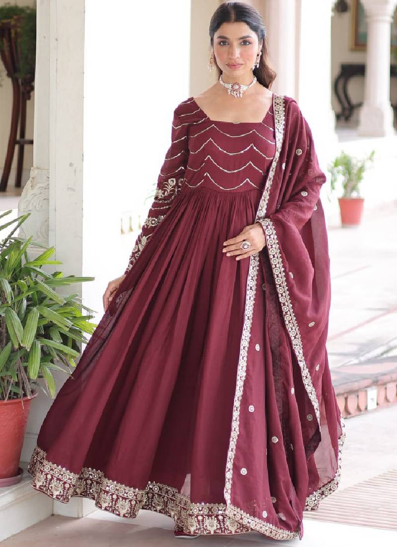 Vichitra Silk Zari Work Readymade Maroon Wedding Wear Gown With Dupatta - Image 6