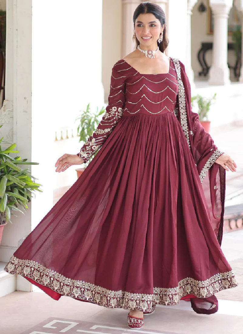 Vichitra Silk Zari Work Readymade Maroon Wedding Wear Gown With Dupatta - Image 7