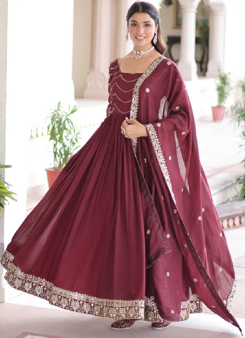 Vichitra Silk Zari Work Readymade Maroon Wedding Wear Gown With Dupatta - Image 9