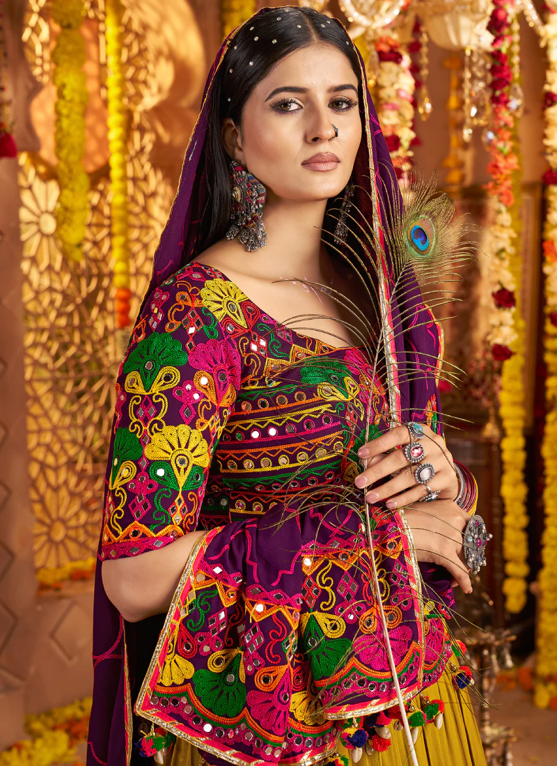 Viscose Cotton Real Mirror Gamthi Work Multi Color Navratri Lehenga - Image 3
