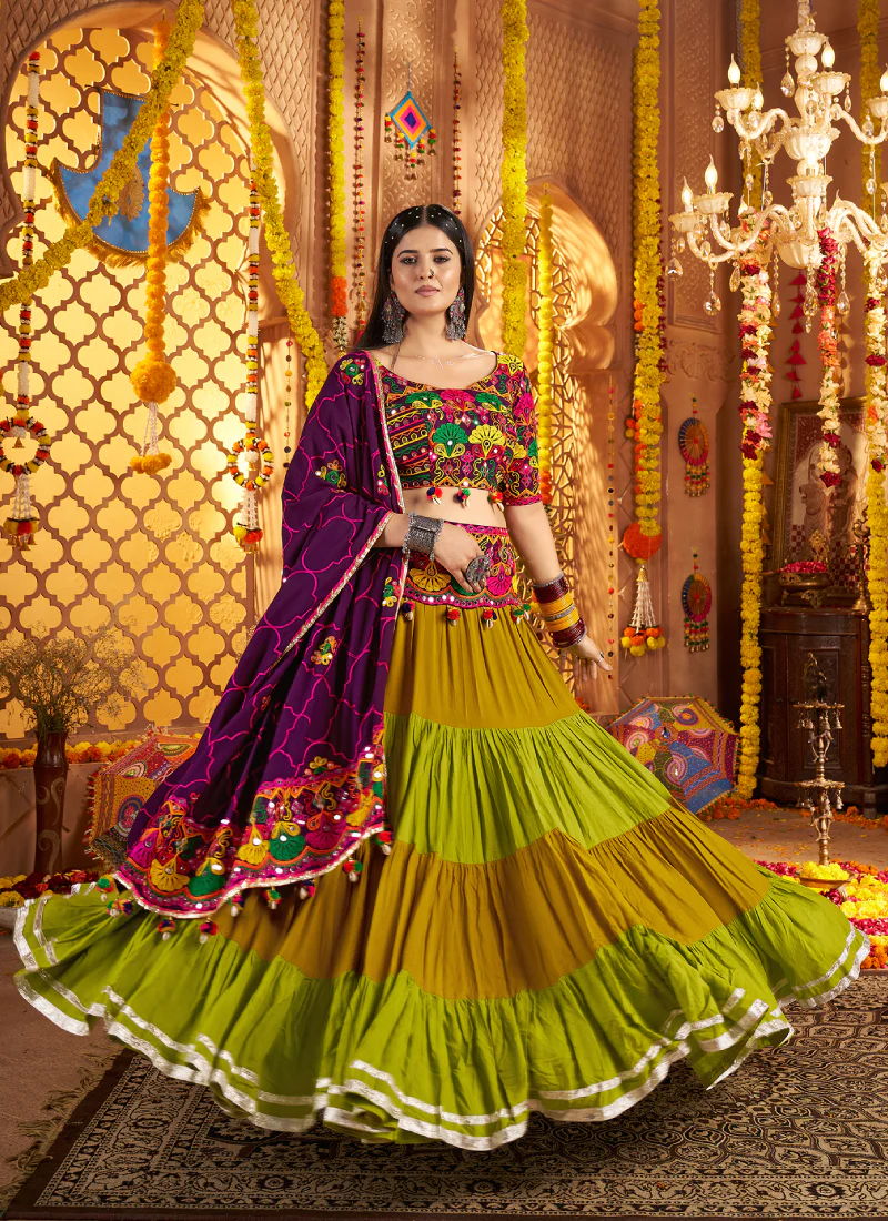 Viscose Cotton Real Mirror Gamthi Work Multi Color Navratri Lehenga - Image 4