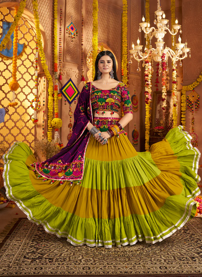 Viscose Cotton Real Mirror Gamthi Work Multi Color Navratri Lehenga - Image 5