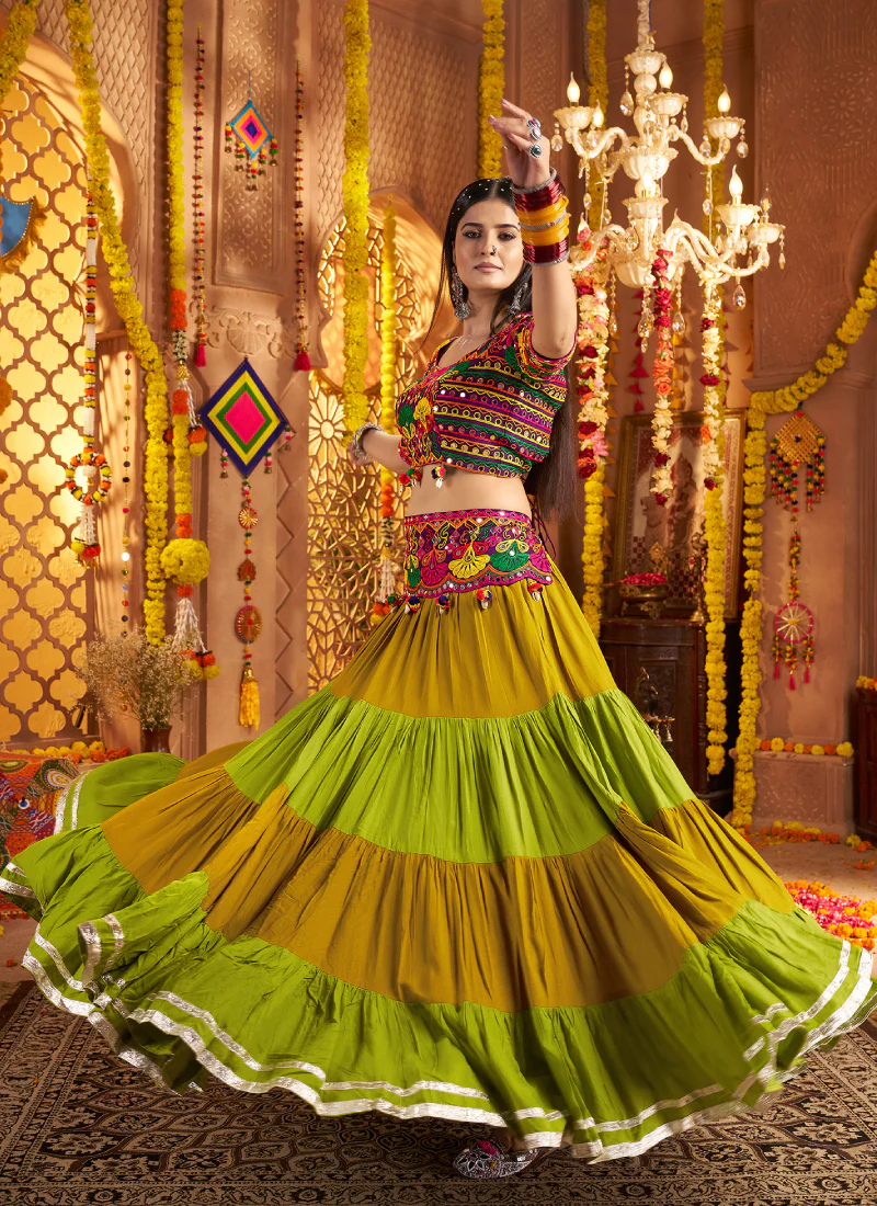 Viscose Cotton Real Mirror Gamthi Work Multi Color Navratri Lehenga - Image 6