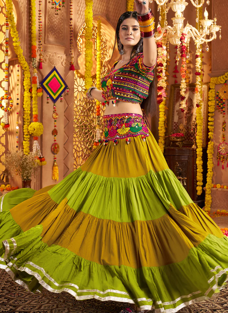 Viscose Cotton Real Mirror Gamthi Work Multi Color Navratri Lehenga - Image 7