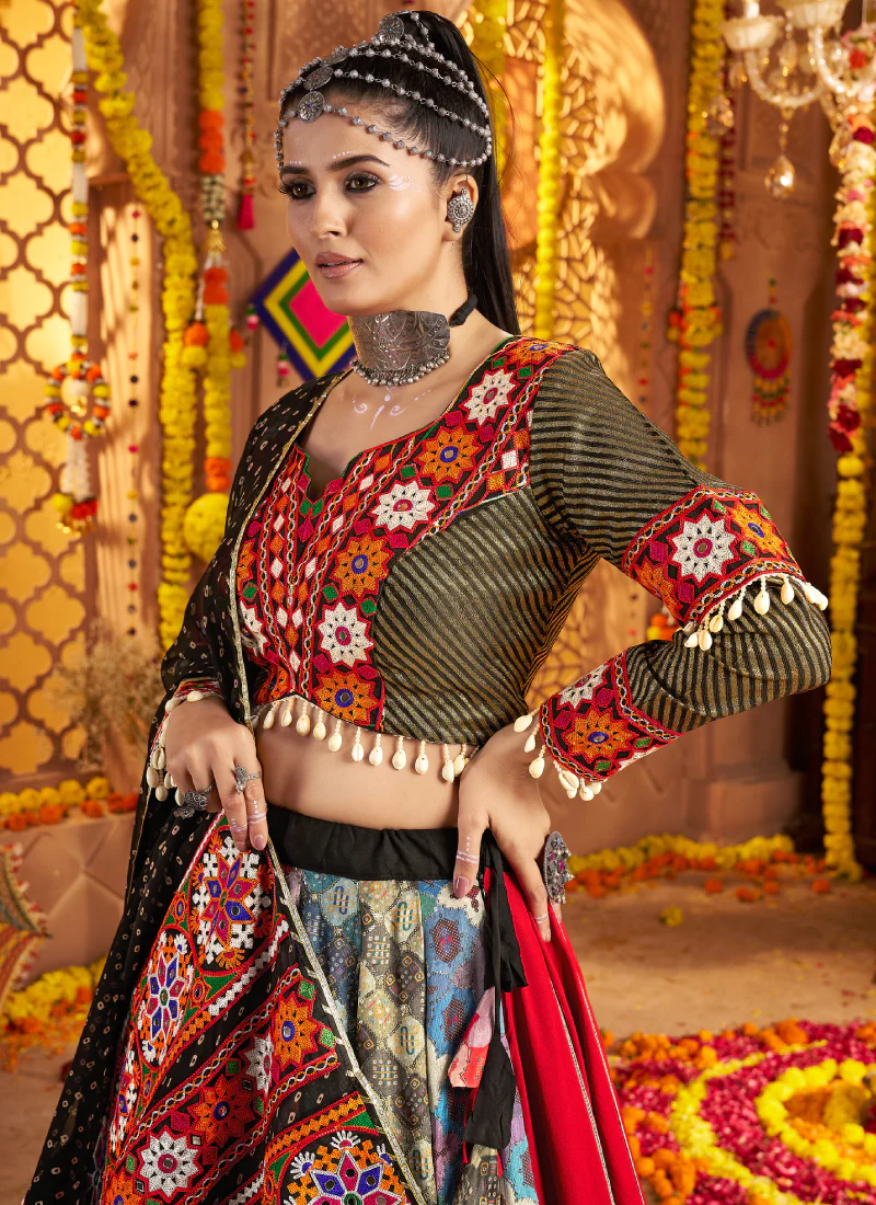 Viscose Rayon Real Mirror Work Multi Color Lehenga Choli For Navratri - Image 2