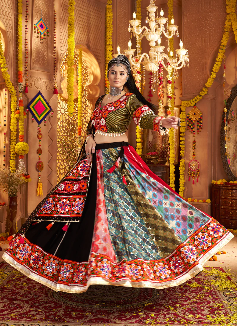 Viscose Rayon Real Mirror Work Multi Color Lehenga Choli For Navratri - Image 5