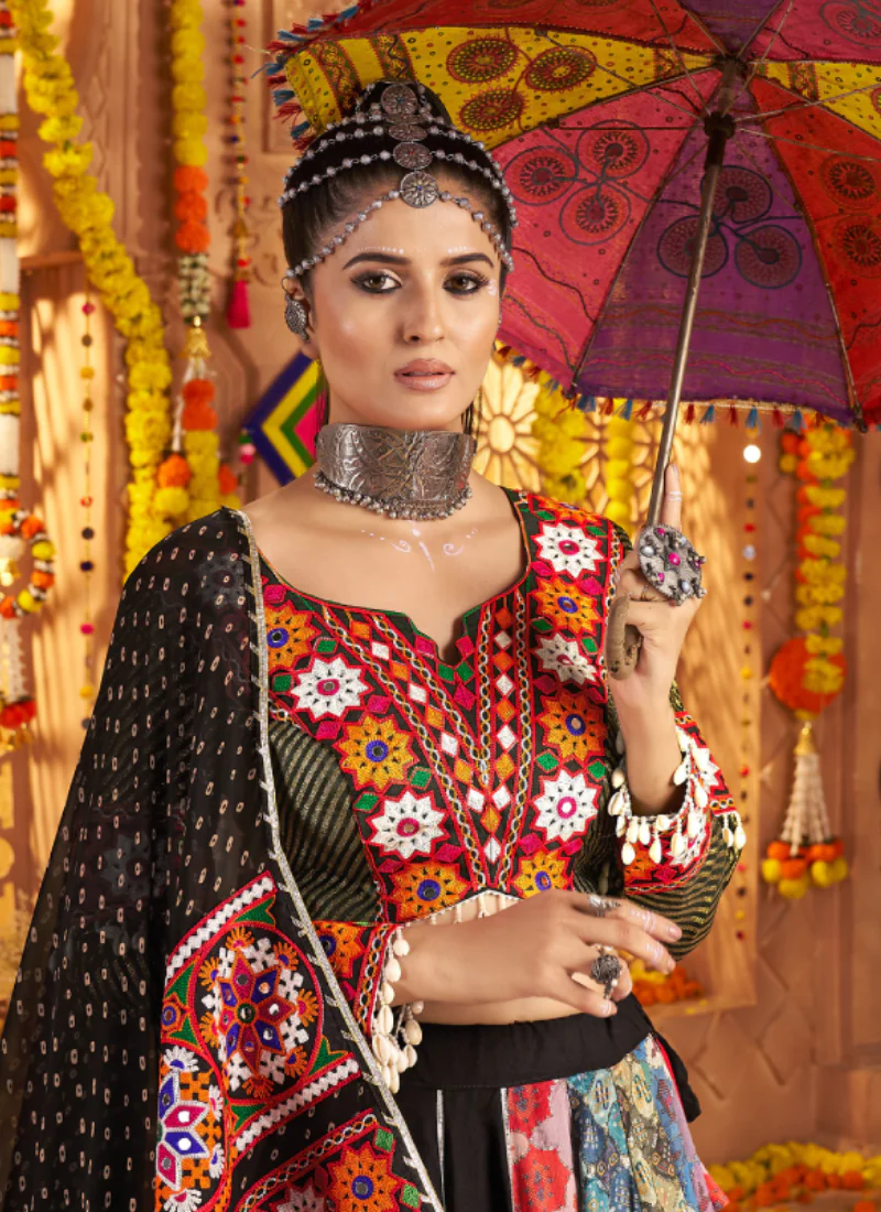 Viscose Rayon Real Mirror Work Multi Color Lehenga Choli For Navratri - Image 6