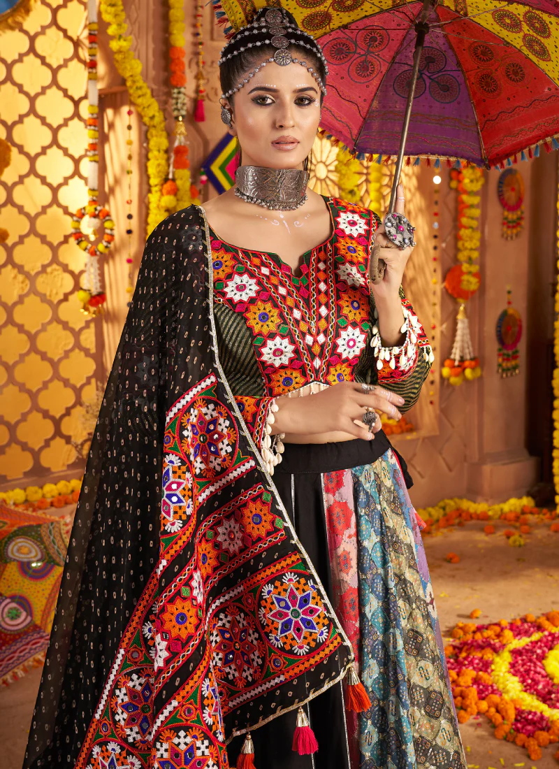 Viscose Rayon Real Mirror Work Multi Color Lehenga Choli For Navratri - Image 7
