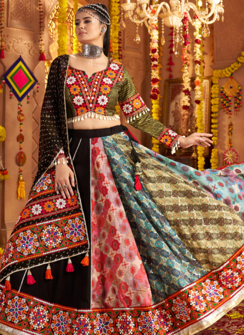 Viscose Rayon Real Mirror Work Multi Color Lehenga Choli For Navratri - Image 8