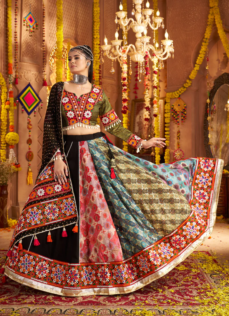 Viscose Rayon Real Mirror Work Multi Color Lehenga Choli For Navratri - Image 9