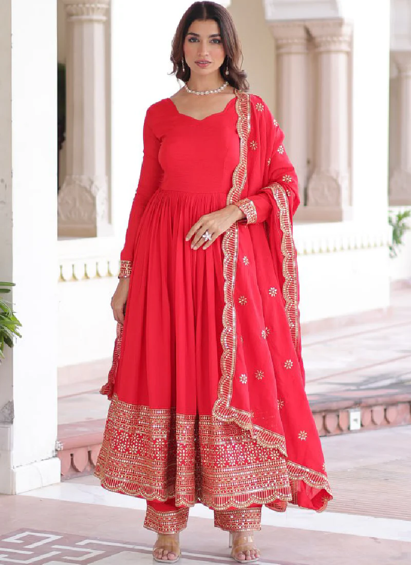Wedding Special Vichitra Silk Intricate Embroidered Red Anarkali Gown - Image 11