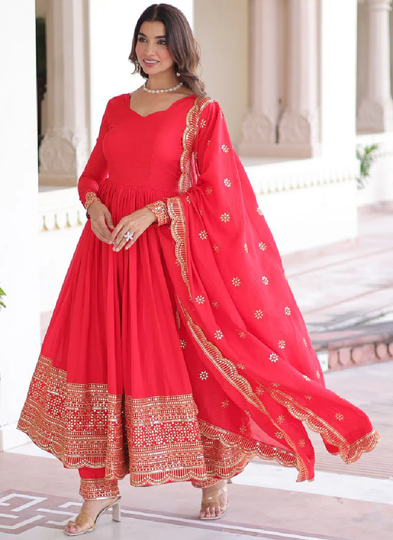 Wedding Special Vichitra Silk Intricate Embroidered Red Anarkali Gown - Image 12