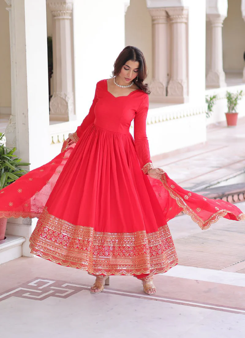 Wedding Special Vichitra Silk Intricate Embroidered Red Anarkali Gown - Image 13